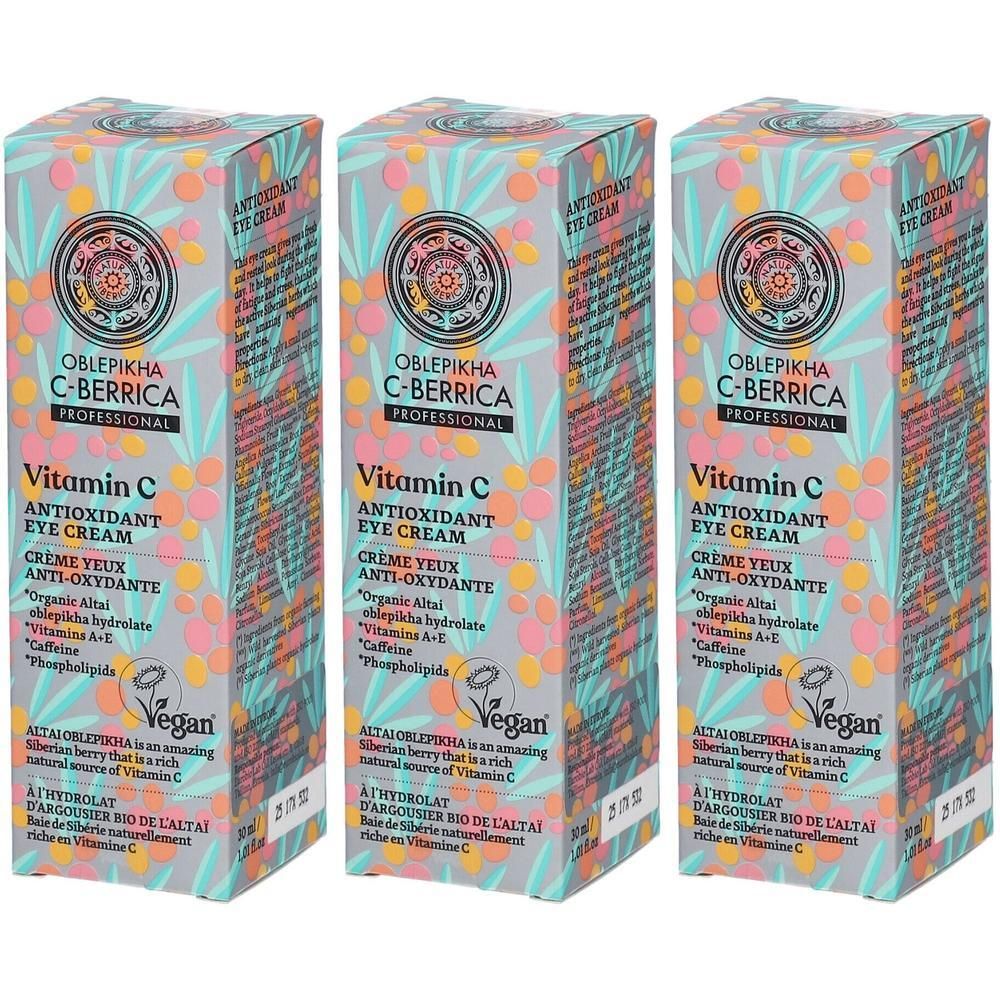 Trois boîtes de crème contour des yeux antioxydante à la vitamine C Oblepikha C-Berrica.