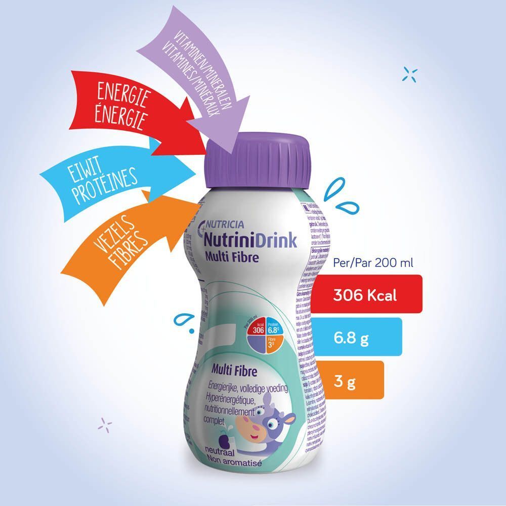 Bouteille NutriniDrink Multi Fibre avec informations nutritionnelles et flèches vitamines/minéraux.