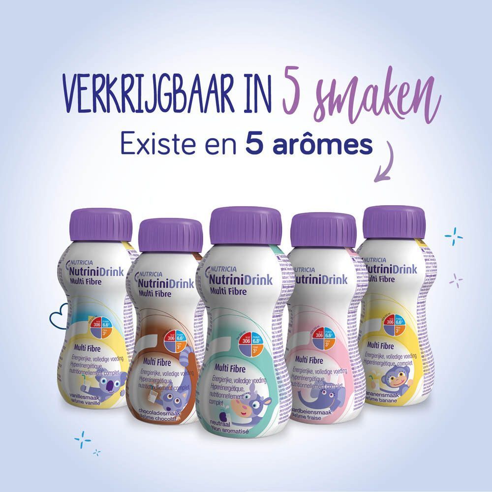Cinq bouteilles de NutriniDrink Multi Fibre en différentes saveurs.