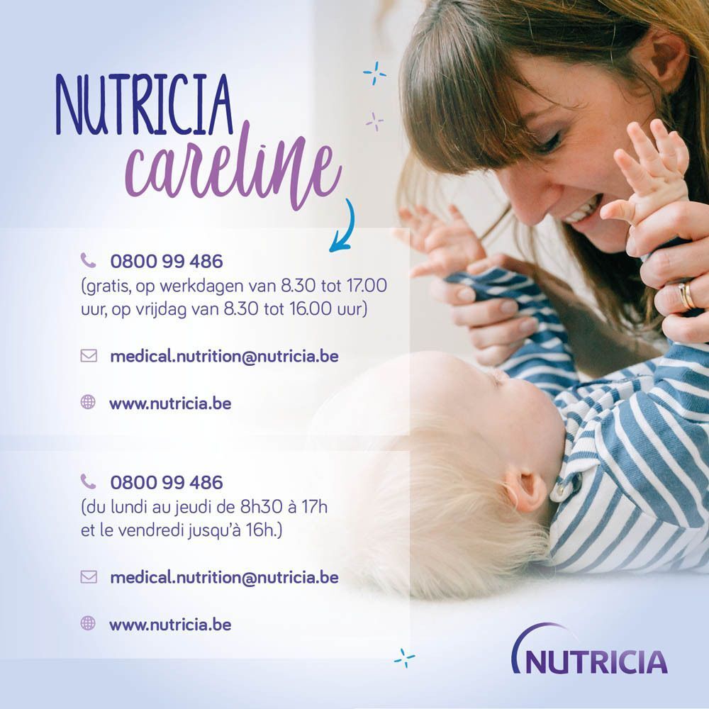 Nutricia Careline: contactgegevens en een lachende moeder met baby.
