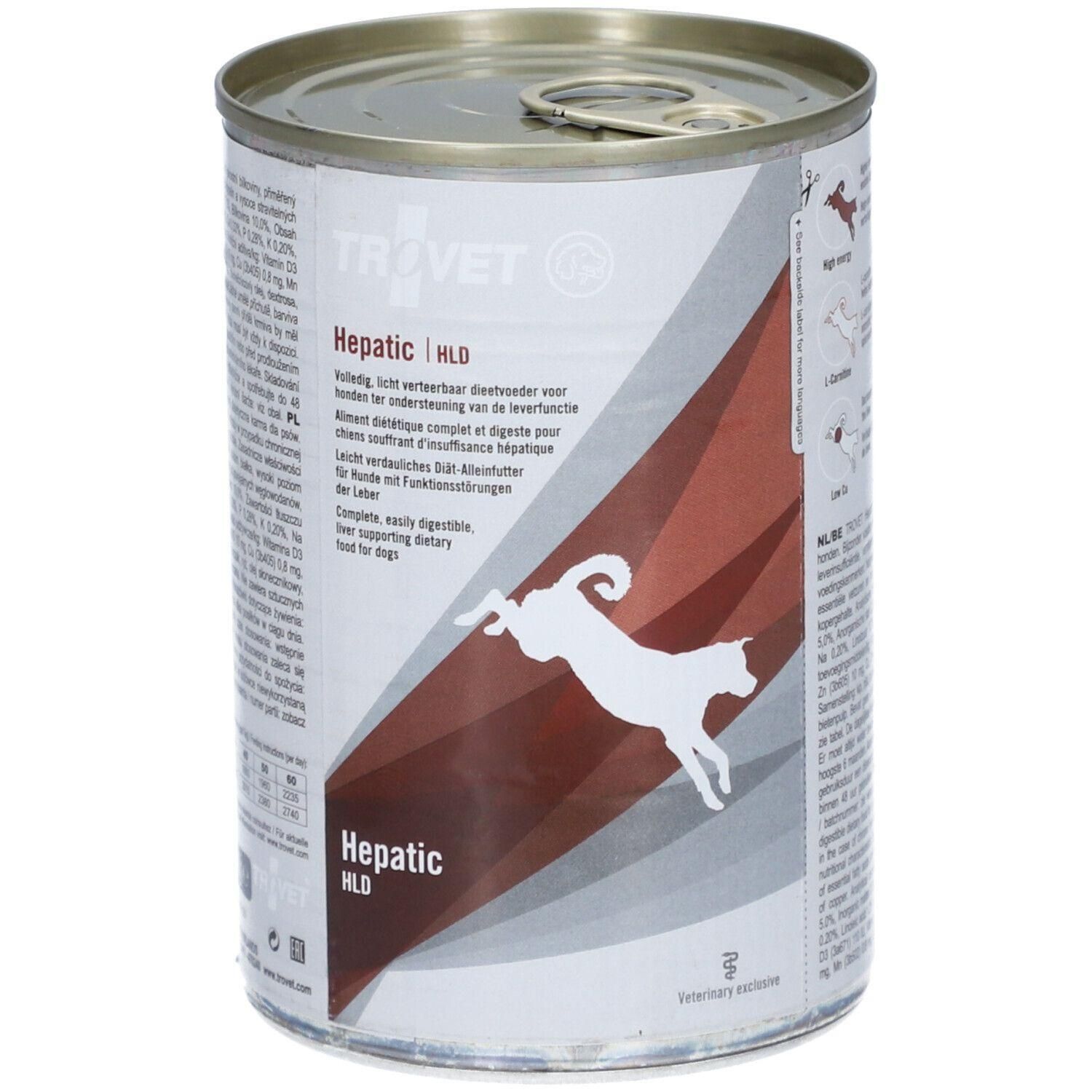 Boîte de nourriture Trovet HLD Hepatic pour chien. Aliment diététique complet et digeste.