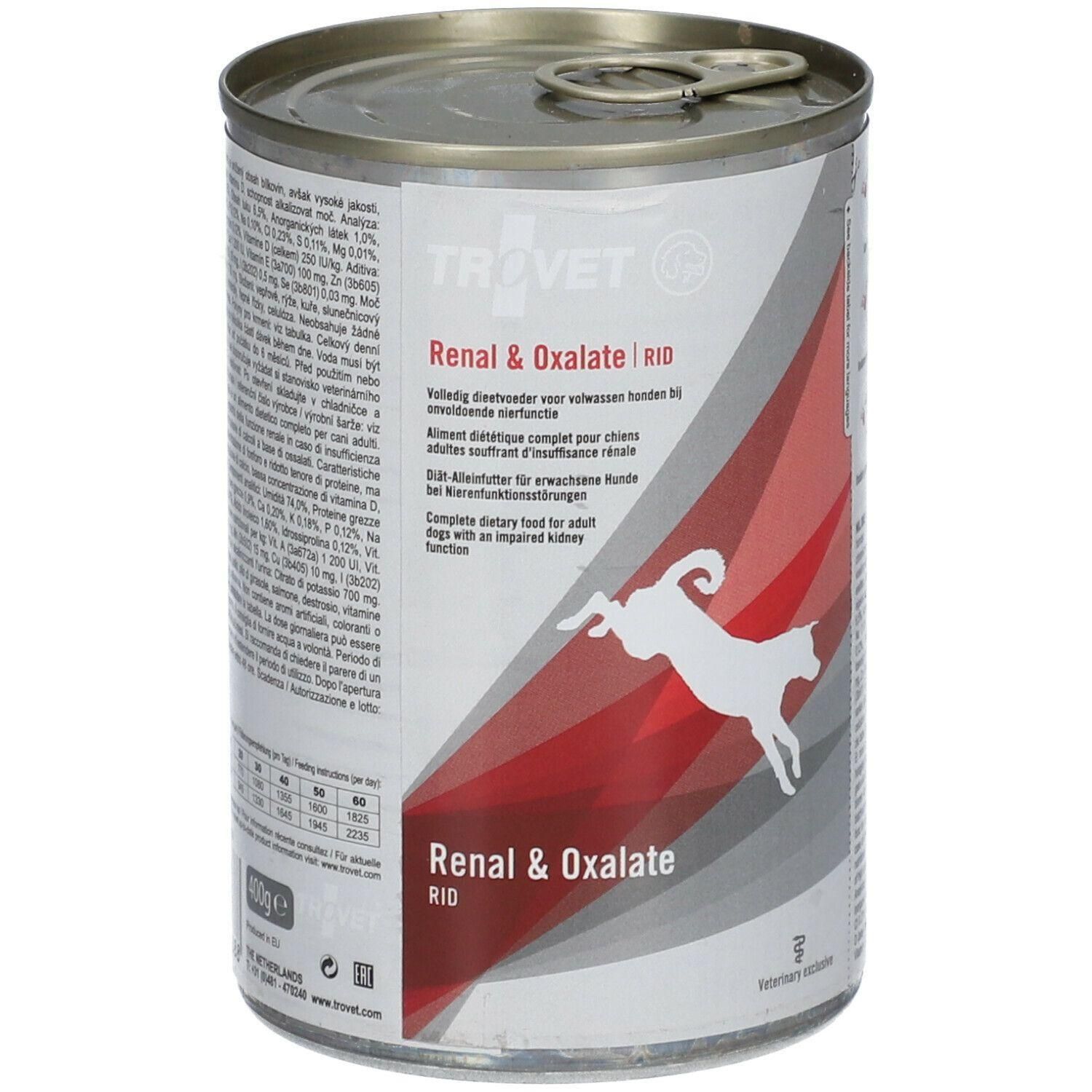 Blik Trovet Renal & Oxalate RID hondenvoer. Met afbeelding van een springende hond.