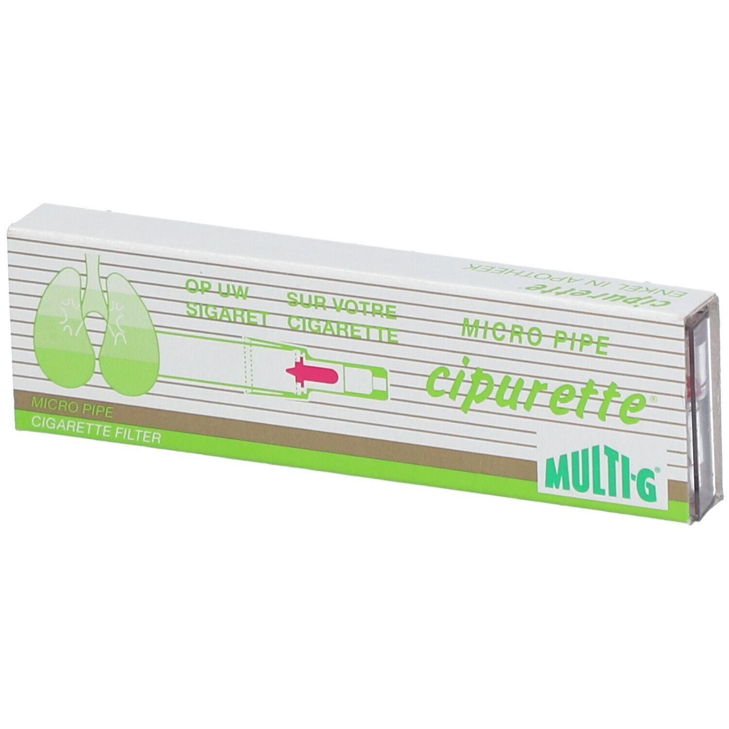 Verpakking voor Cipurette micro-pijpfilters met longafbeelding en gebruiksinstructies.