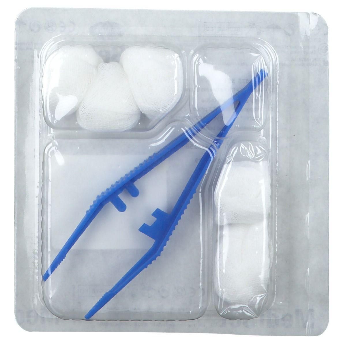 Verpakt set met blauwe pincet en wattenbolletjes.