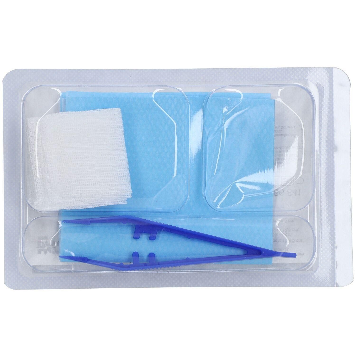 Steriel verbandset met pincet, gaas en blauwe kompres in transparante verpakking.