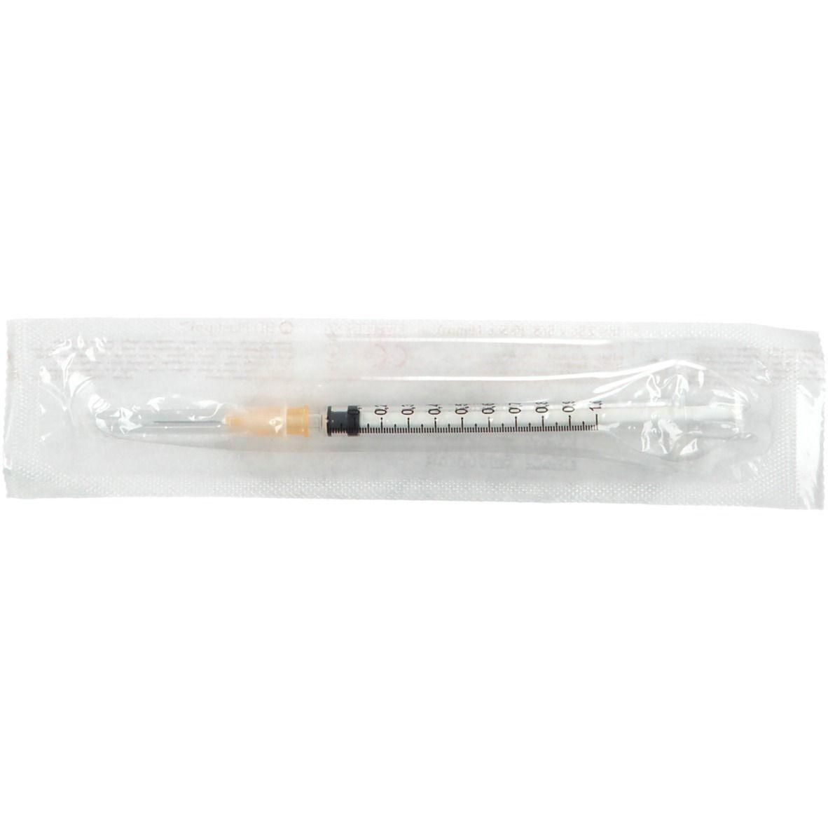Seringue stérile à usage unique, 1 ml, corps transparent avec graduations.