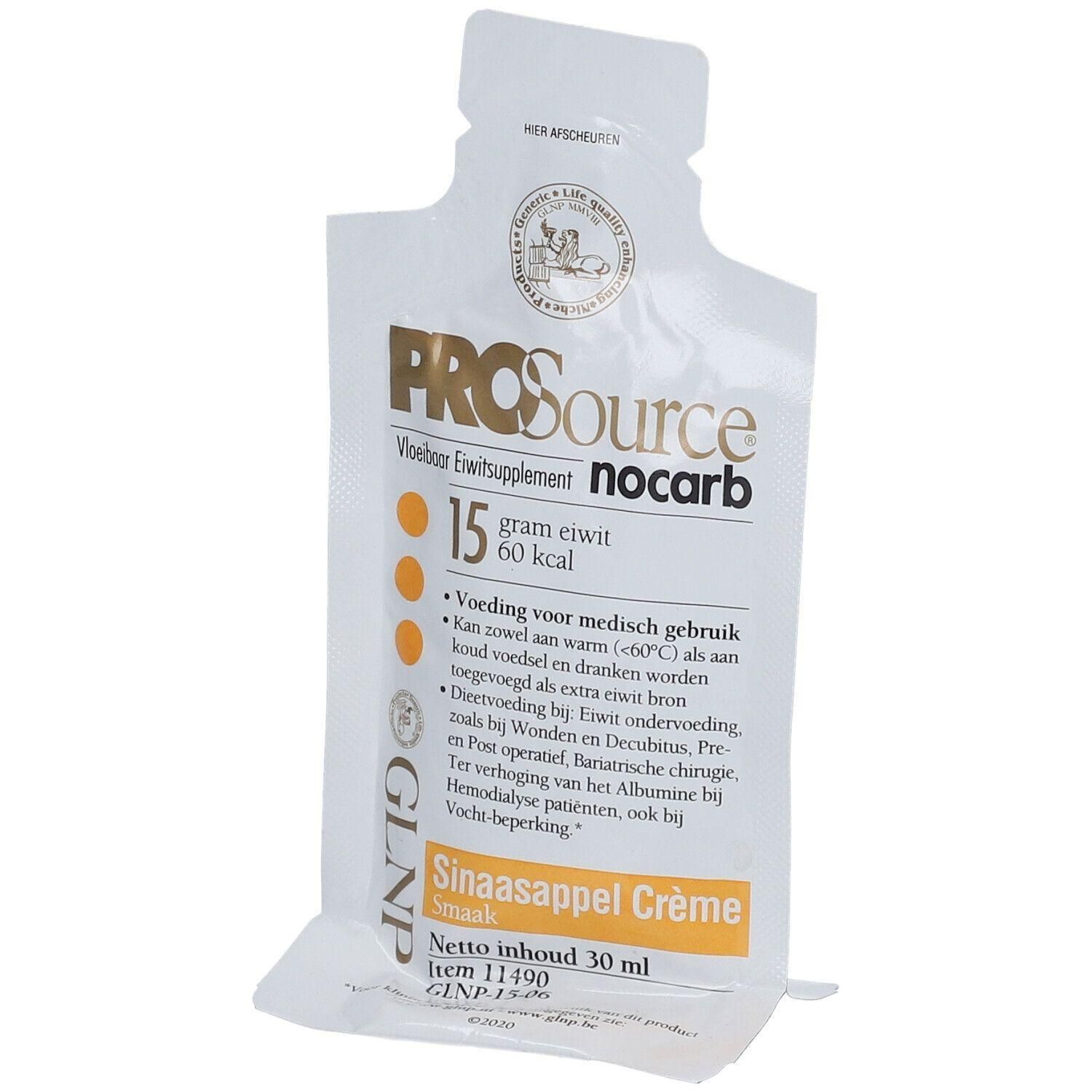 PROSource Nocarb zakje sinaasappel crème smaak, 15g eiwit, 60 kcal, 30ml.