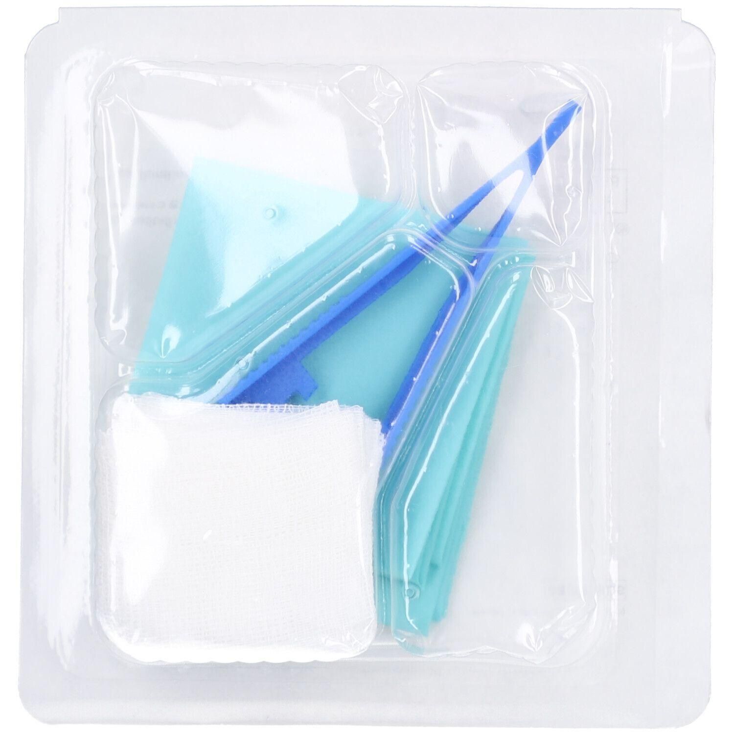Set emballé avec pince à épiler, tampons et compresses bleus et turquoise.