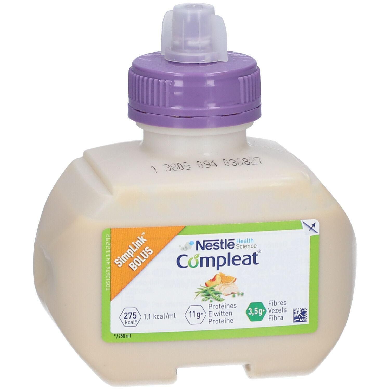 Nestlé Compleat: Bouteille avec bouchon violet. Contient 275 kcal, 11g de protéines, 3,5g de fibres.