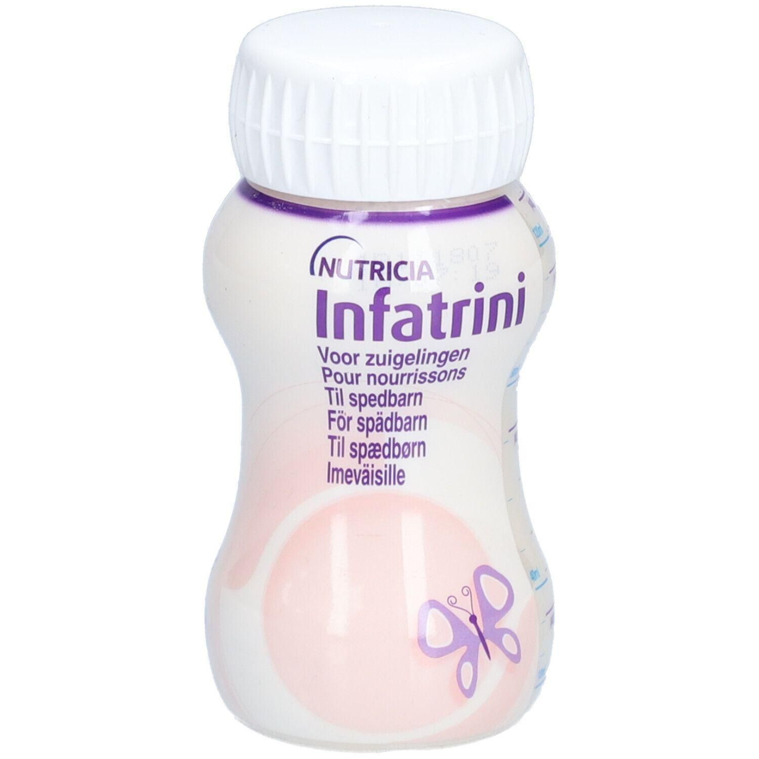 Nutricia Infatrini fles met witte dop en paars vlindermotief.