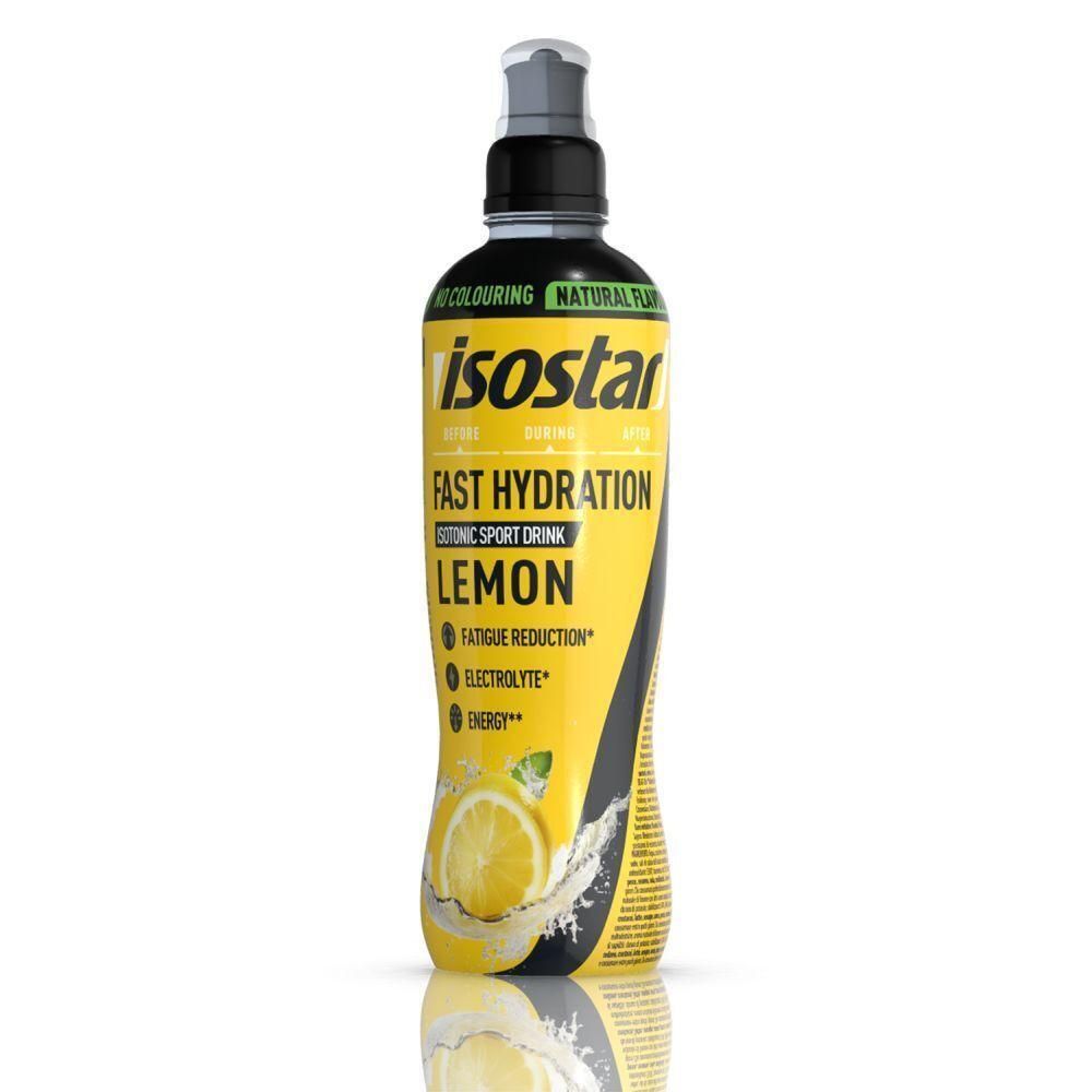 Isostar Isotonische Sportdrank Citroen in een gele fles met zwarte dop. Bevat citroen en spatten.