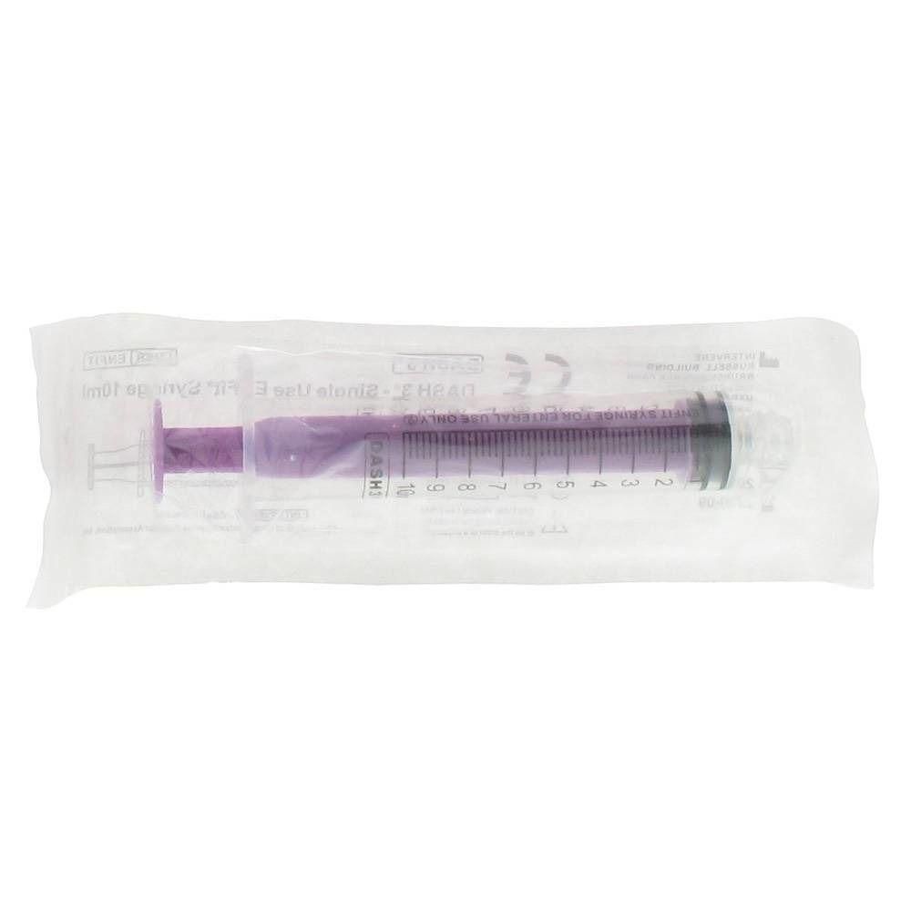 Seringue stérile de 10 ml, piston violet, dans un emballage transparent.