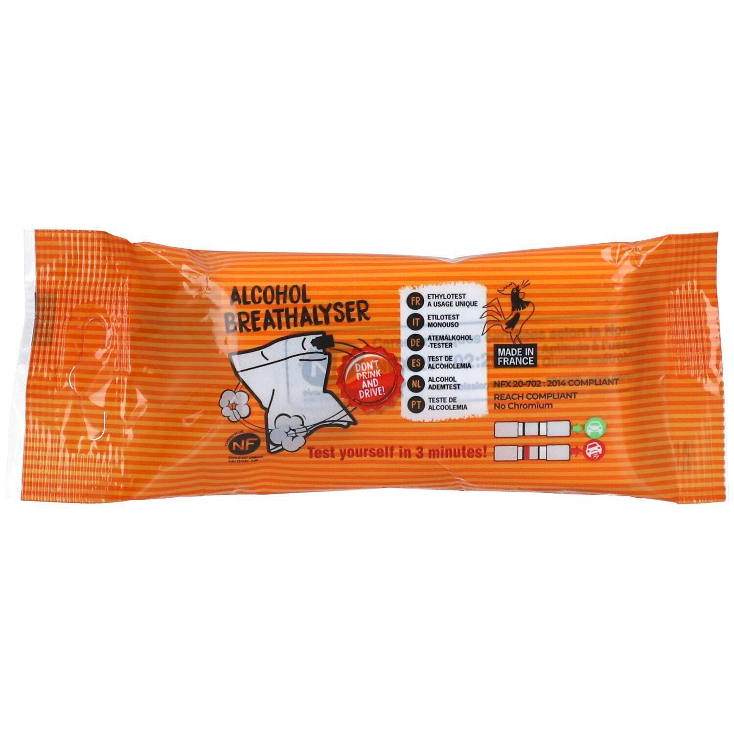 Test d'alcoolémie dans un emballage orange. Indique "Test yourself in 3 minutes!".