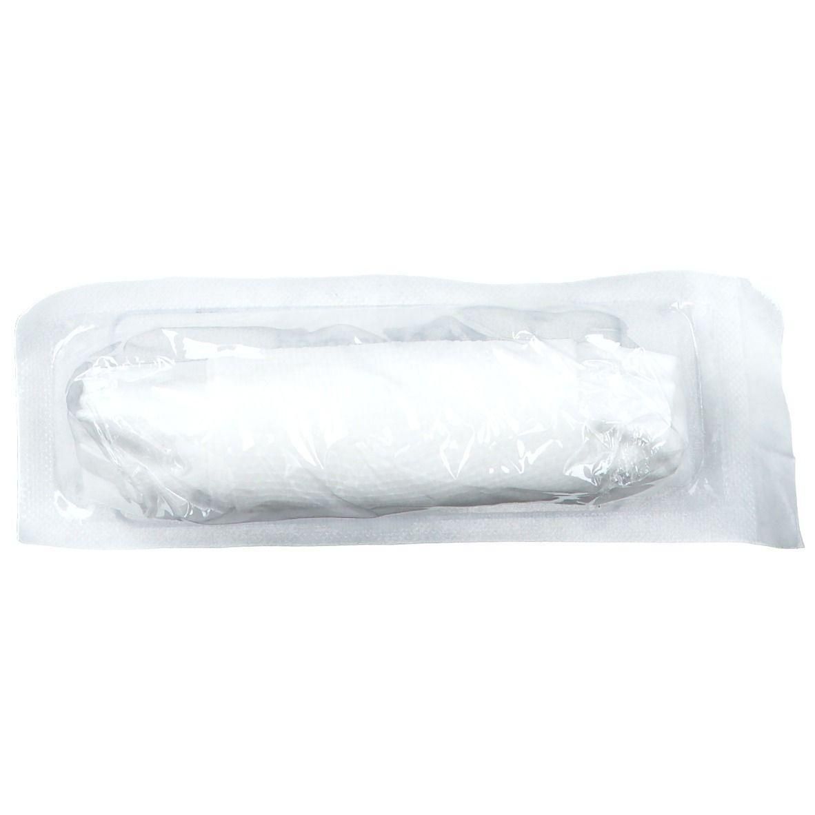 Steriel compressiezwachtel in doorzichtige verpakking.