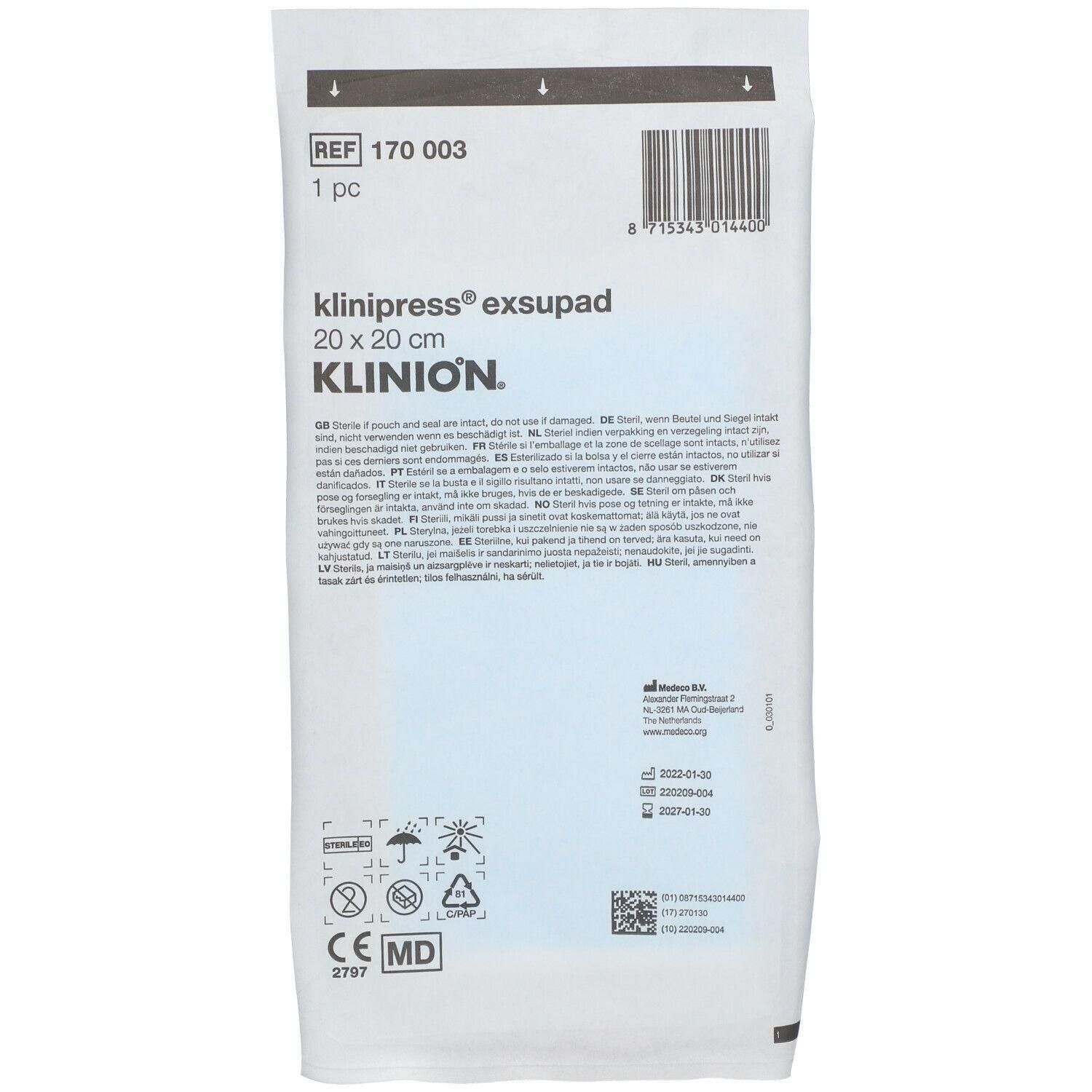 Emballage pour Klinion Exsupad, 20 x 20 cm. Stérile, 1 pièce.