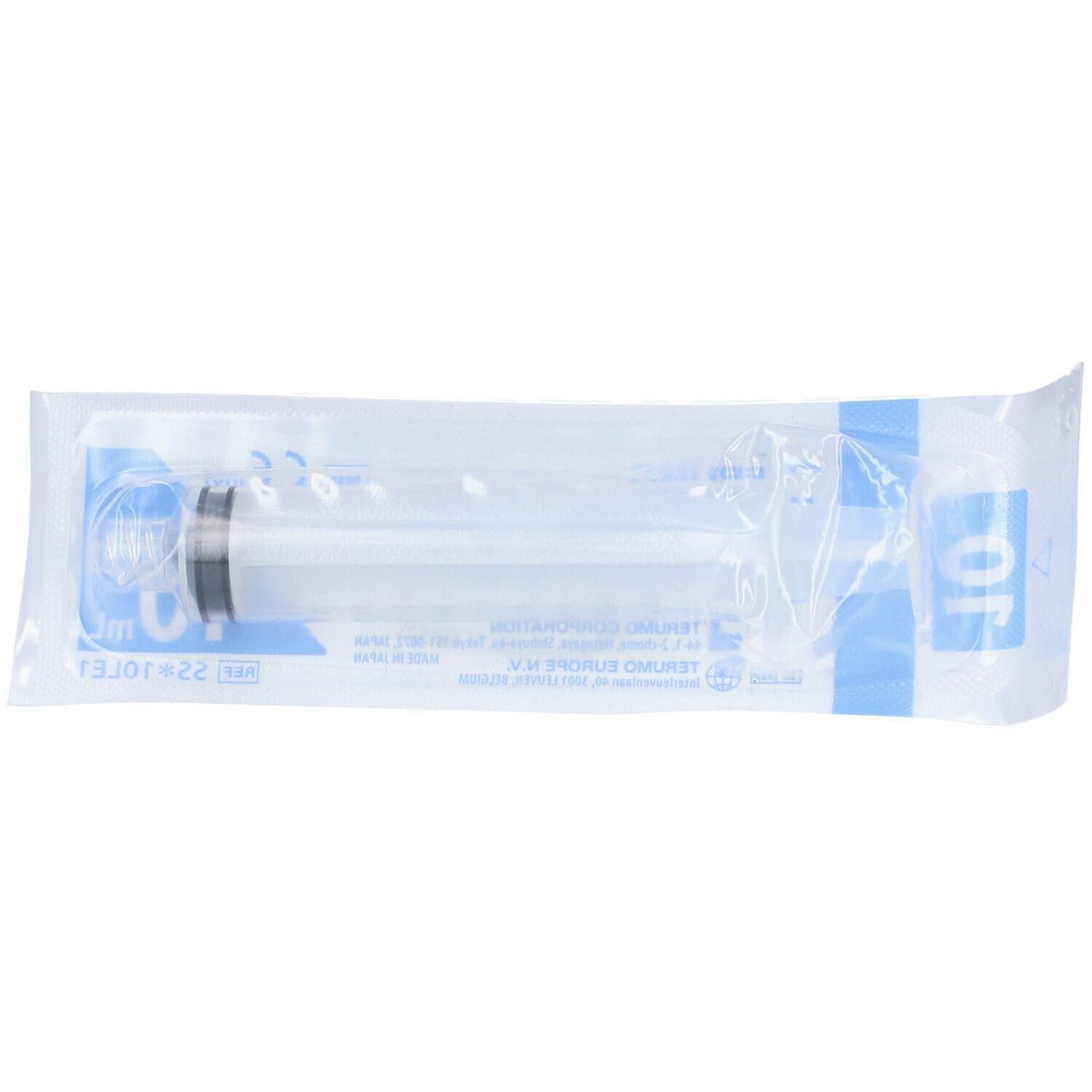 Seringue jetable stérile de 10 ml, raccord Luer Lock, sans aiguille, sous emballage.