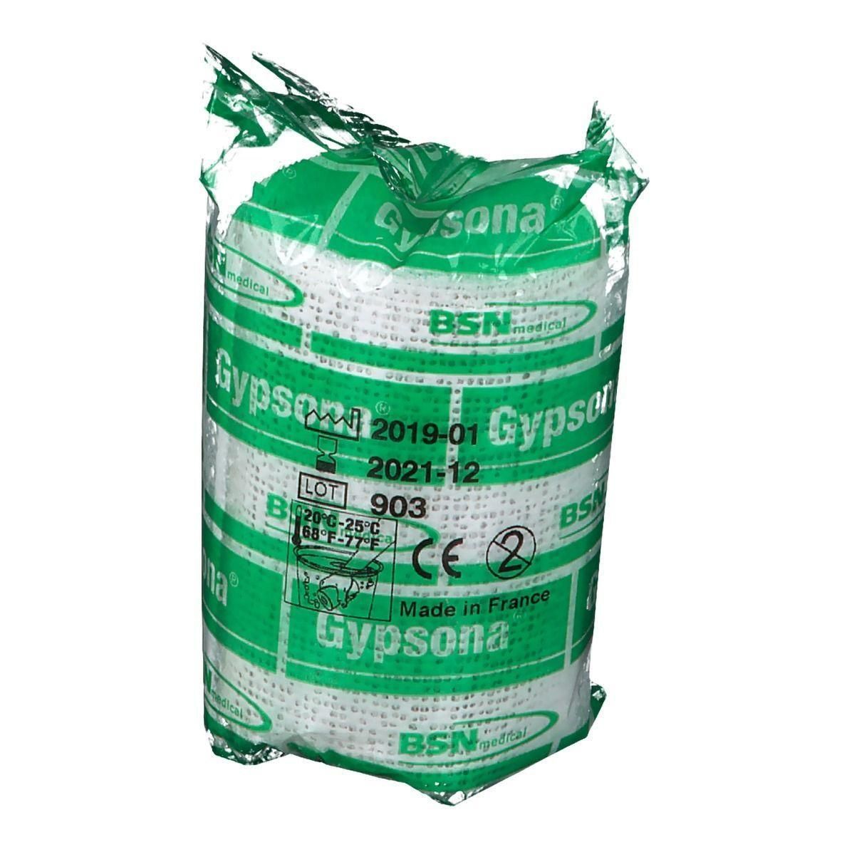 Gypsona gipsverband, wit, in doorzichtige verpakking met groene opdruk.