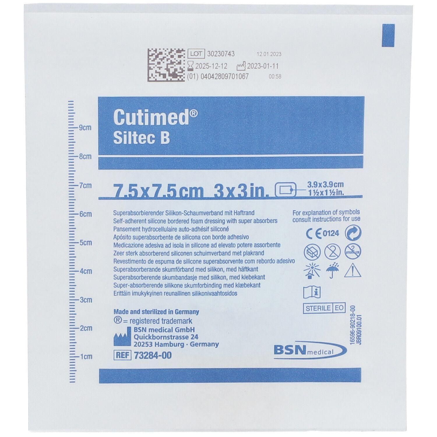 Verband Cutimed Siltec B, 7,5x7,5cm. Zacht absorberend siliconen schuimverband met plakrand.