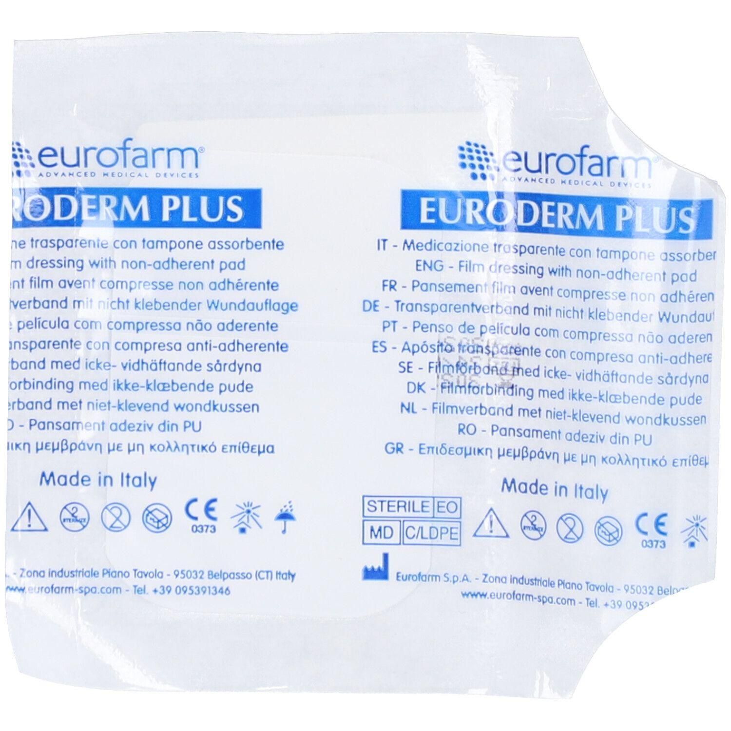 Pansement film transparent Euroderm Plus avec compresse non adhérente.