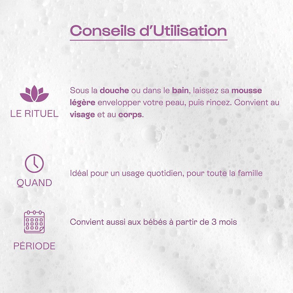 Conseils d'utilisation pour le savon : à utiliser sous la douche ou dans le bain, idéal quotidiennement, convient aux bébés dès 3 mois.