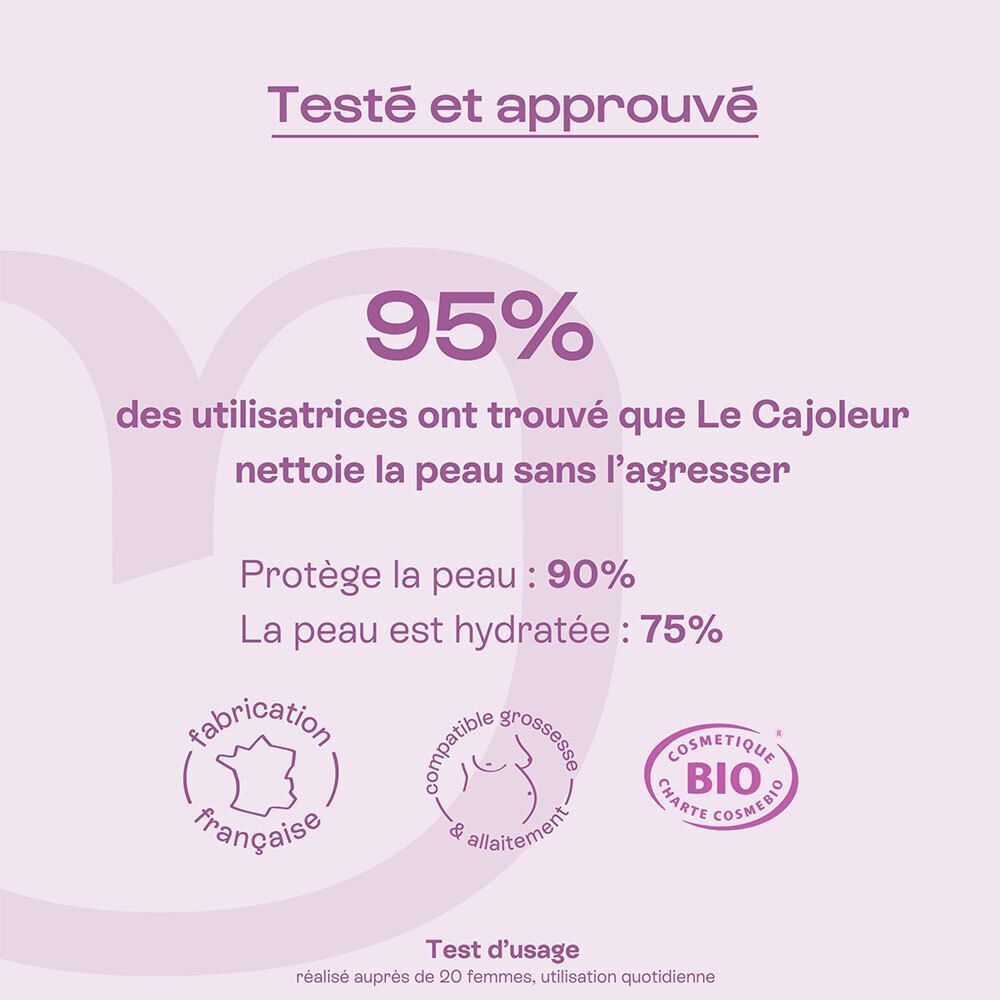 Un pain de savon jaune pâle et son emballage, avec du texte mettant en évidence les résultats des tests et les certifications.