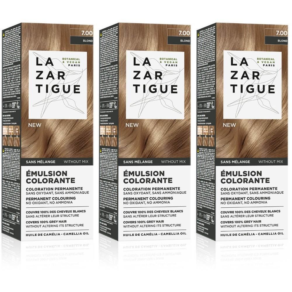 Drie dozen LAZARTIGUE permanente haarkleuring, tint 7.00 Blond.
