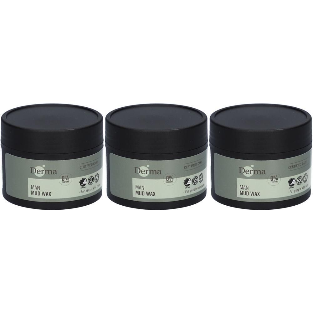 Drie Derma Man Mud Wax potjes met zwarte deksels op lichte achtergrond.