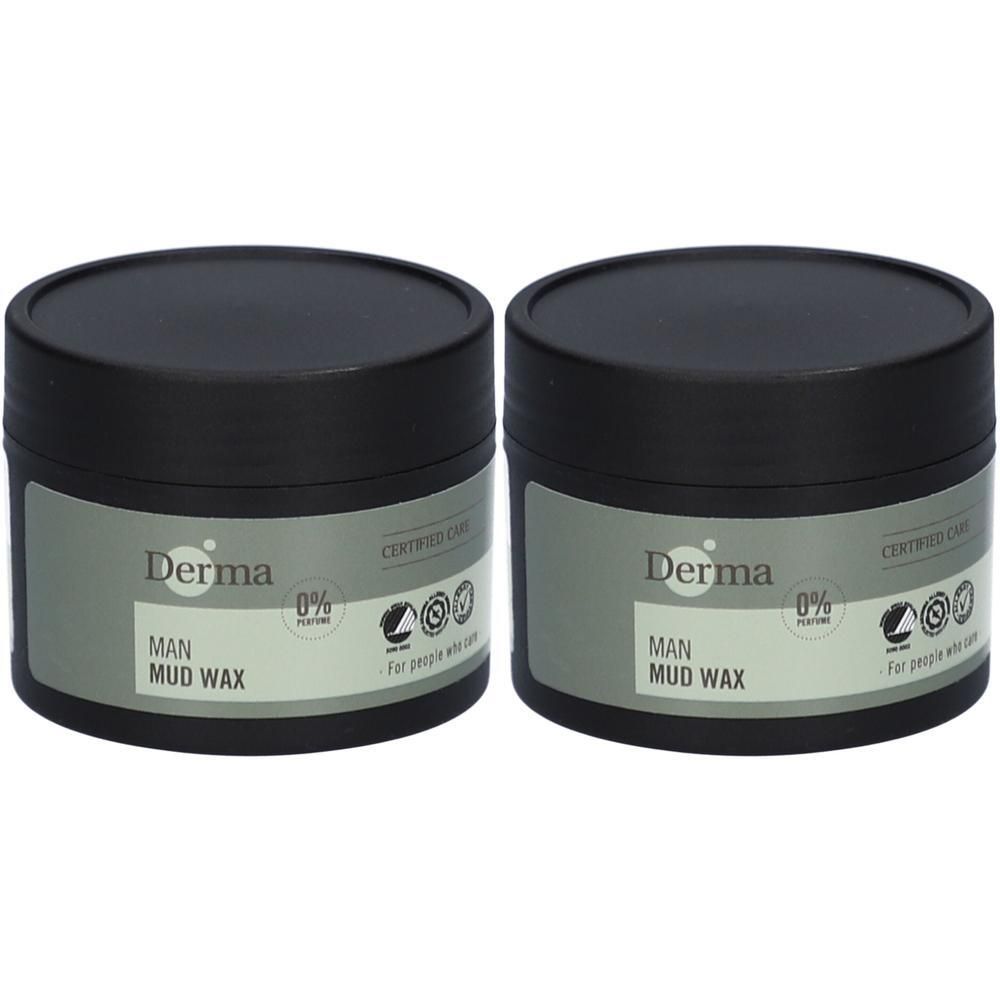 Deux pots noirs de Derma Man Mud Wax. Étiquetage clair sur le pot.