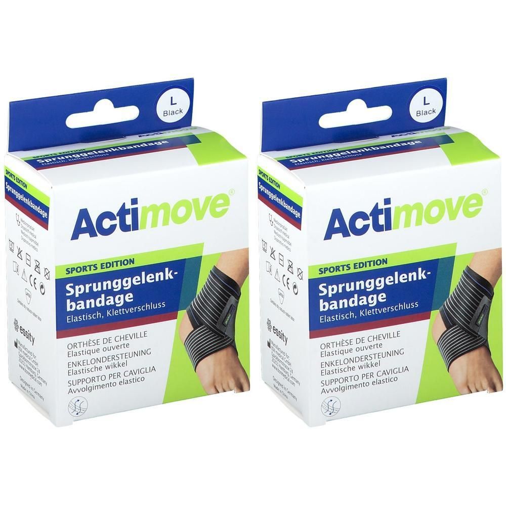 Twee zwarte Actimove enkelbraces, maat L, op verpakkingen.