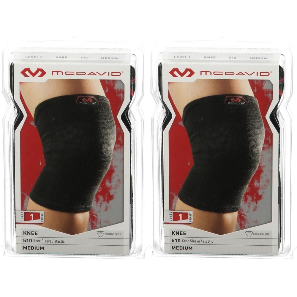 Twee zwarte McDavid 510 elastische knie-sleeves, maat M, in verpakking.