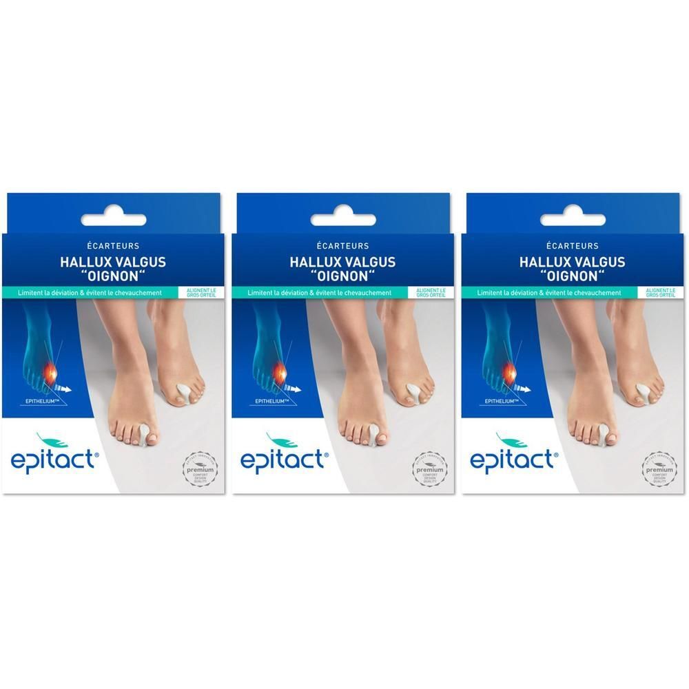 Trois paquets d'Écarteurs d'orteils Epitact pour Hallux Valgus. Montre des pieds avec les écarteurs entre les orteils.