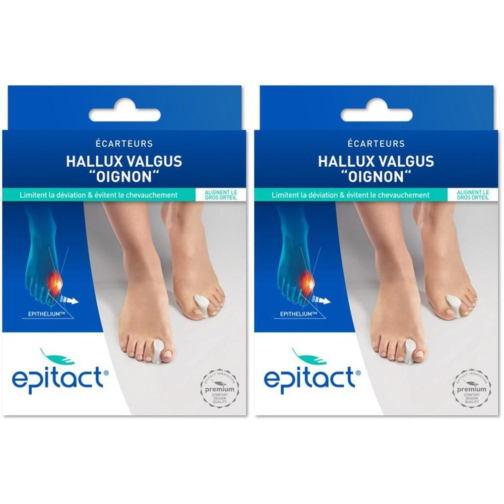 Deux paquets d'Écarteurs d'orteils Epitact Hallux Valgus. Montre des pieds avec des écarteurs.