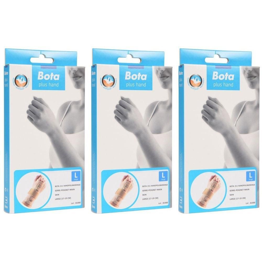 Trois paquets de Bota plus hand attelle de poignet taille L. L'emballage montre une femme avec une attelle sur le bras.