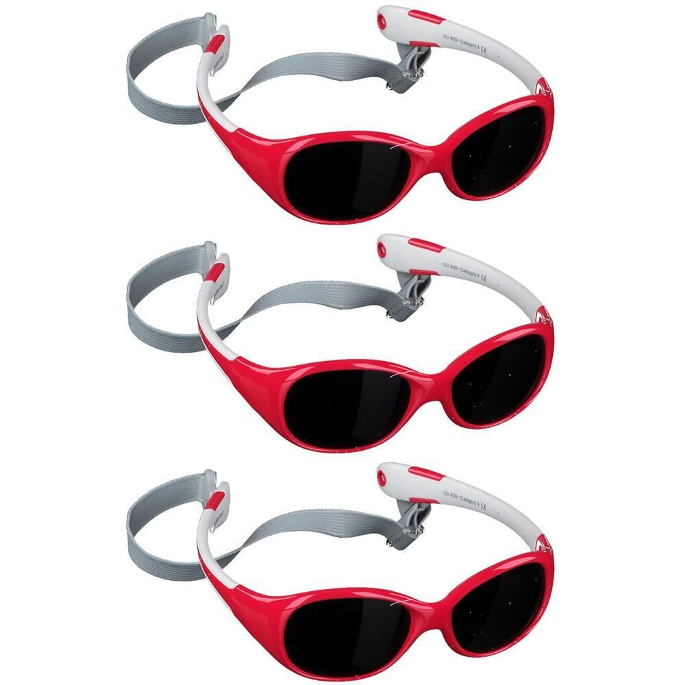 Trois paires de lunettes de soleil rouges avec branches blanches et cordon de maintien gris.