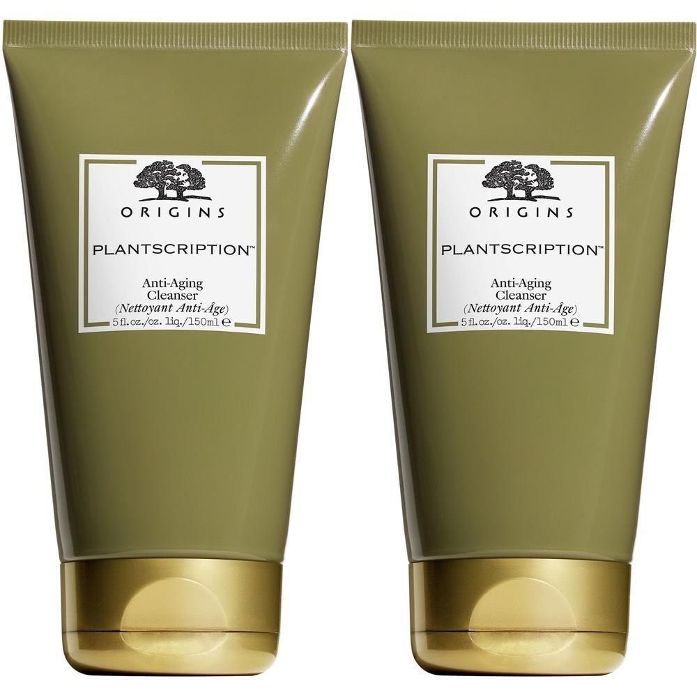 Twee groene tubes Origins Plantscription Anti-Aging Cleanser met gouden dop.