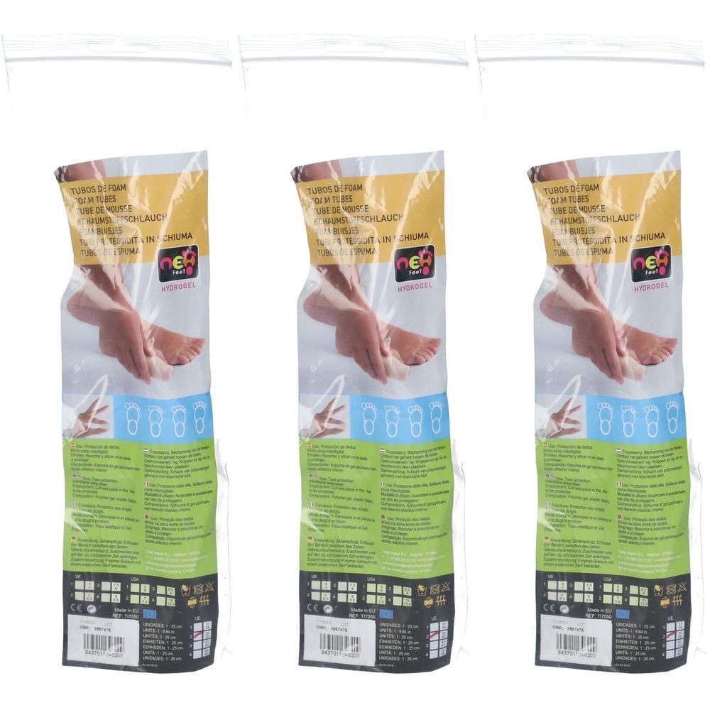 Trois paquets de NEH Feet Foambuisje, tubes en mousse pour pieds, diamètre 2 cm, longueur 24,5 cm.