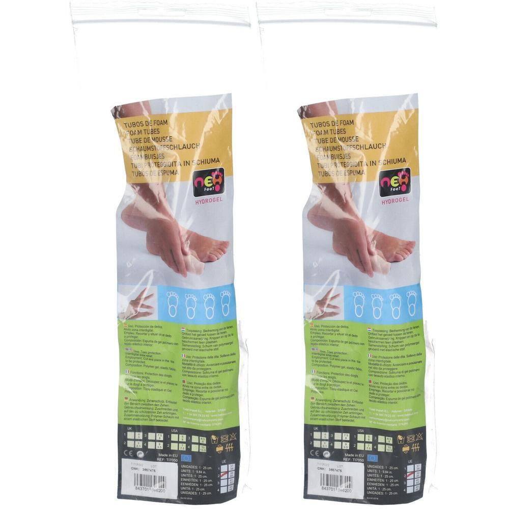 Deux tubes en mousse NEH Feet, diamètre 2 cm, longueur 24,5 cm, dans leur emballage.
