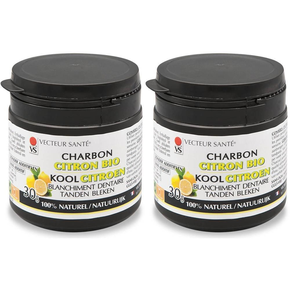 Deux pots de charbon actif pour blanchiment dentaire, "Charbon Citron Bio".