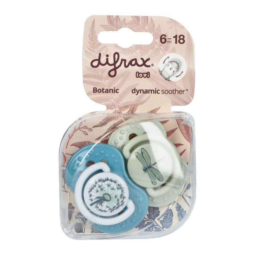 Deux sucettes en emballage: bleue avec pissenlit, vert clair avec libellule.