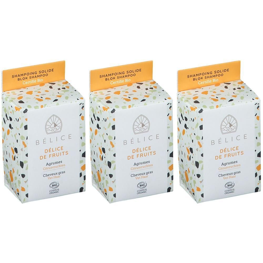 Trois boîtes de shampooing solide Bélice Délice de Fruits aux agrumes. Motifs colorés sur fond blanc.