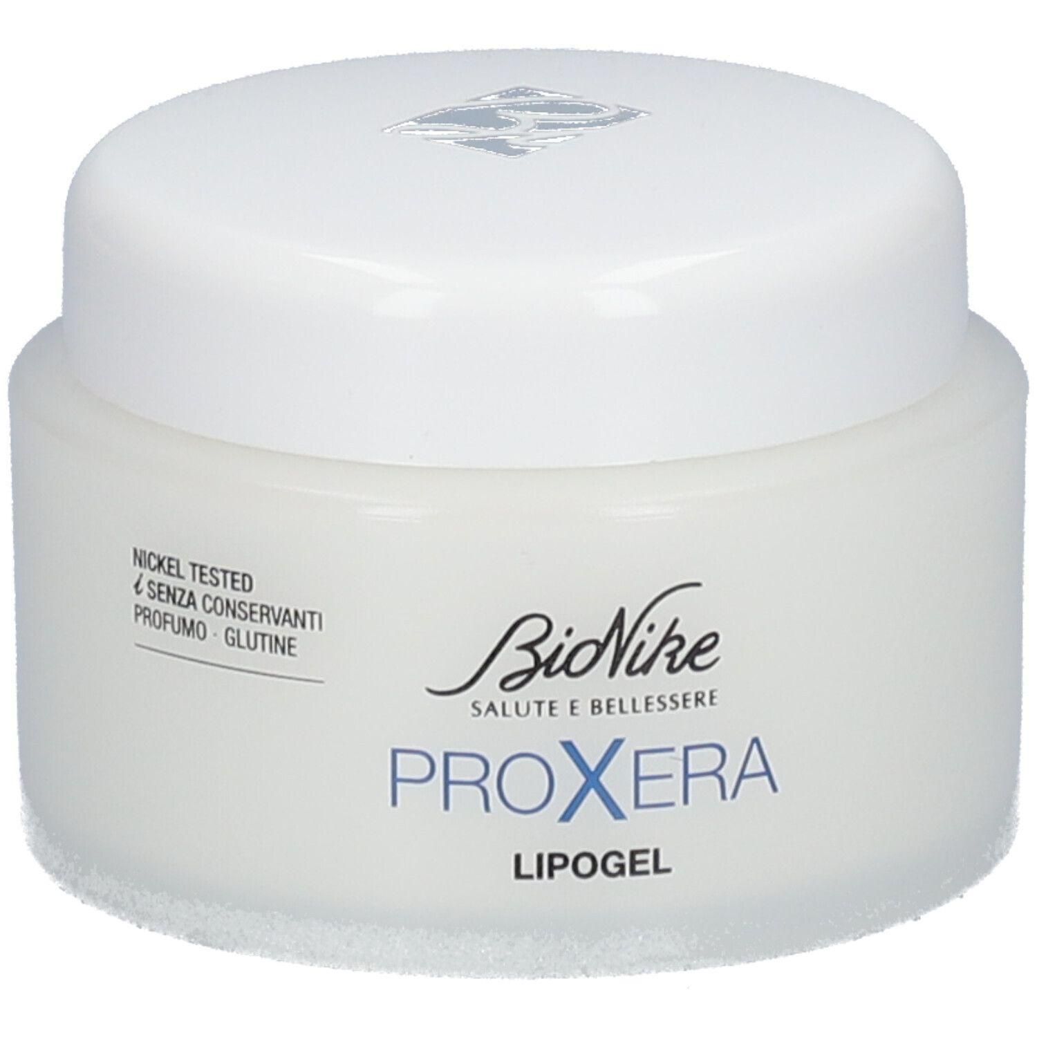 Bionike Proxera Lipogel en pot blanc. Testé au nickel, sans conservateurs, parfum et gluten.