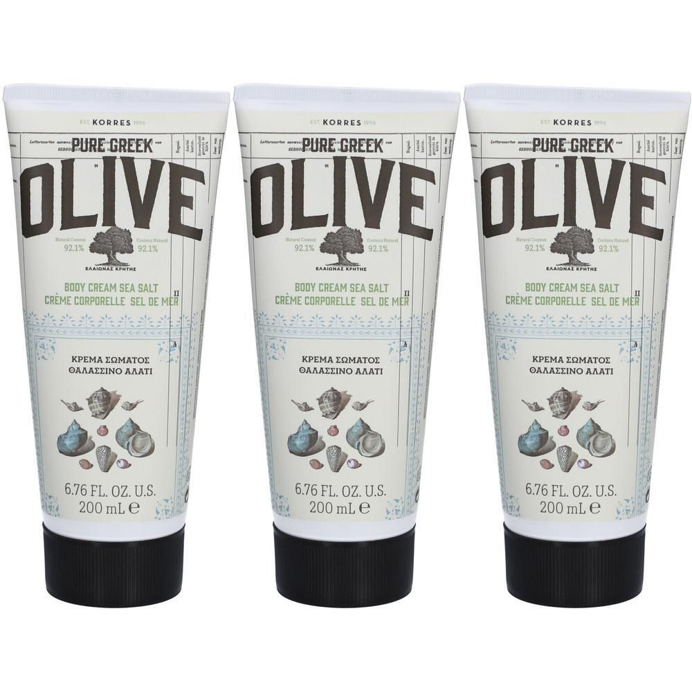 Drie tubes Korres Pure Greek Olive Body Cream Sea Salt, elk 200 ml.