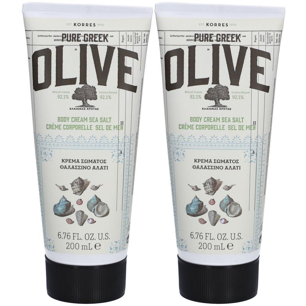 Deux tubes de crème corporelle Korres Pure Greek Olive Sea Salt, 200 ml.