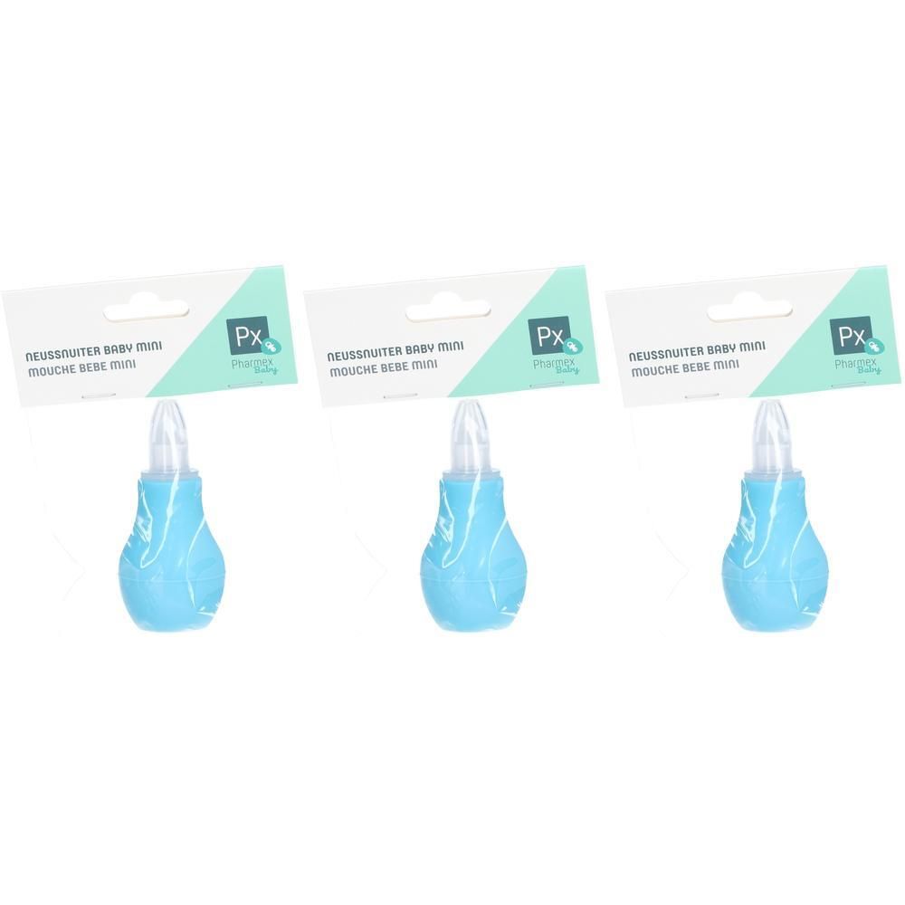 Trois mouche-nez bleus pour bébé avec embout transparent et emballage. Texte : 'Nez-souffler Baby Mini'.