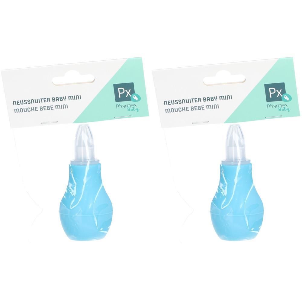 Deux mouche-bébés bleus avec embout transparent et emballage.