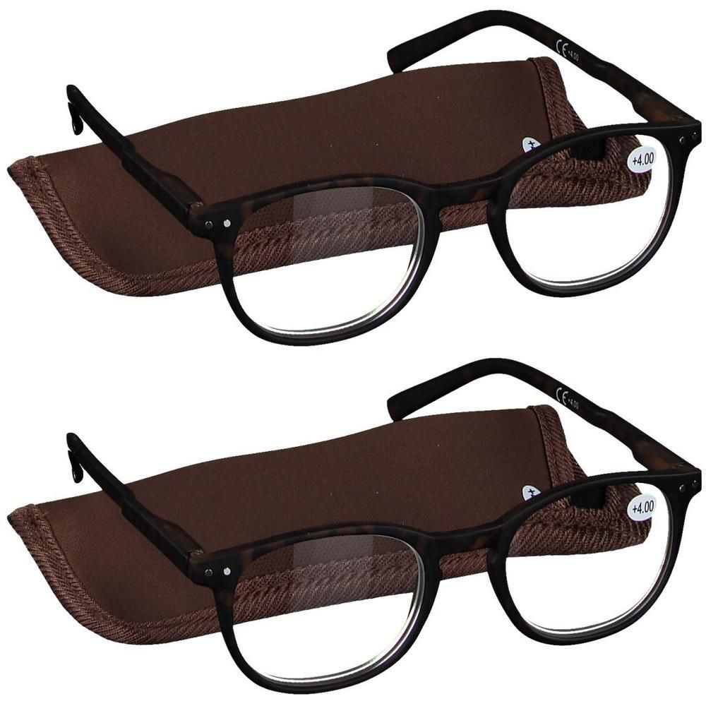 Deux paires de lunettes de lecture avec étuis marron. Montures marron mouchetées, verres +4.00.