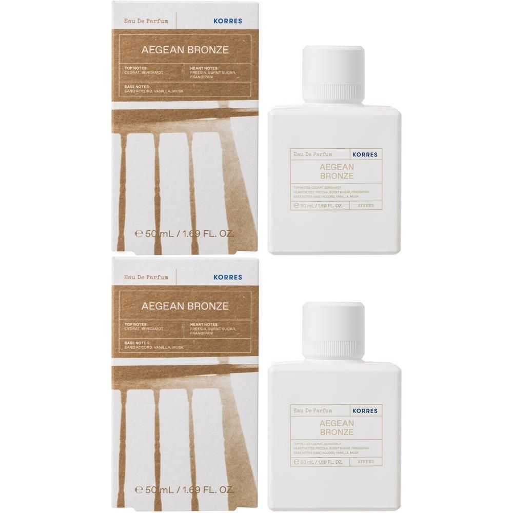 Deux flacons blancs d'eau de parfum avec bouchons blancs et deux boîtes portant l'inscription "AEGEAN BRONZE".