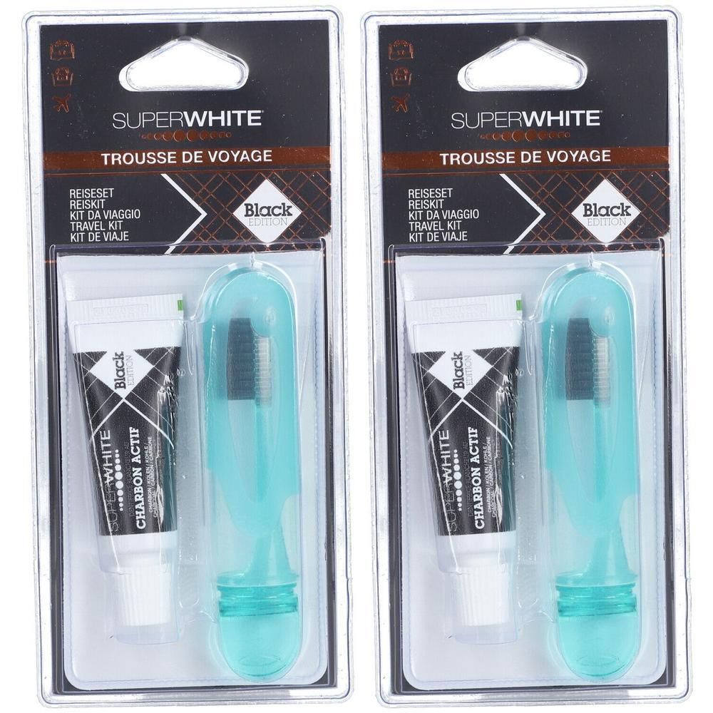 SUPERWHITE Reis-kit zwarte editie. Bevat een tandenborstel in een blauw etui en een zwarte tube tandpasta.