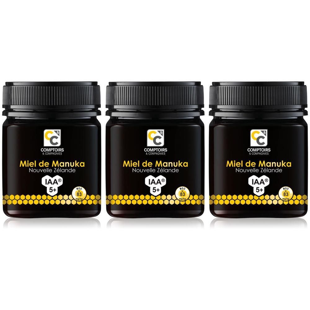 Drie potten Manuka Honing IAA 5+ van Comptoirs & Compagnies.