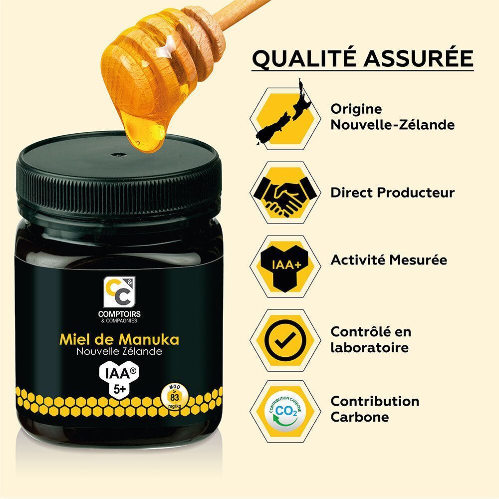 Pot de Miel de Manuka IAA 5+ avec un touilleur et garanties qualité : Origine Nouvelle-Zélande, Direct Producteur.
